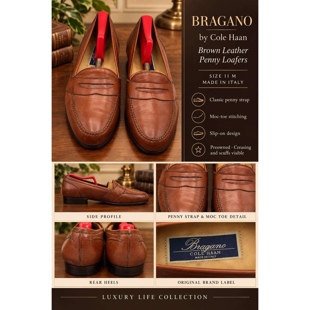 Bragano by Cole Haan Mens 11 M Brown Leather Penny Loafers Made in Italy 2659